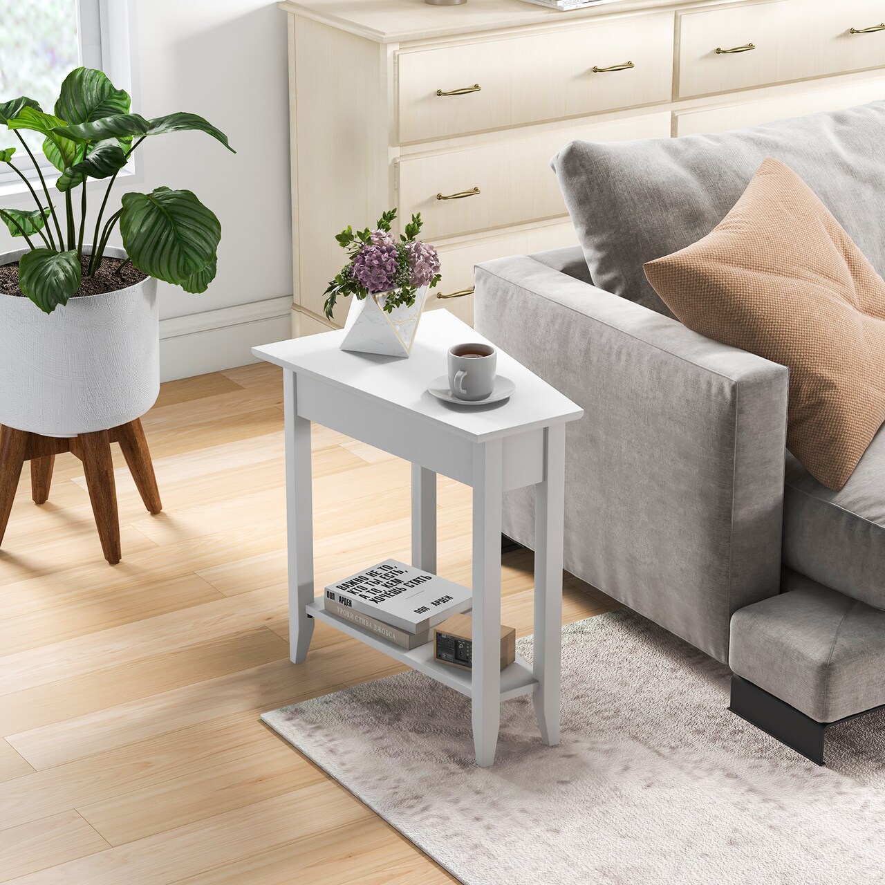 2-tier Wedge Narrow End Table With Storage Shelf And Solid Wood Legs